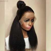 Synthetic Wigs Kinky Straight 180 Density Black Color Yaki Lace Front Wig For Black Women With Baby hair Synthetic Heat Temperature Glueless W0328