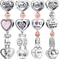 Loose Gemstones 925 Silver I Love Mom Print Friend Heart Family Pendant Shiny Beads Fit Original Charms Bracelets Luxury Jewelry
