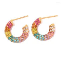 Hoop Earrings Minar Vintage Jewelry Shiny Rainbow CZ Cubic Zirconia C Shape For Women 18K Gold PVD Plated Titanium Steel Earring