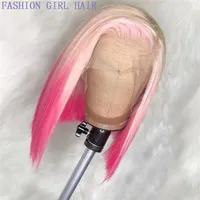 2020 new style Synthetic Straight Blonde ombre pink 13x4 Lace Front Wigs short Bob Wig Brazilian simulation Human Hair Wigs 150% D243q