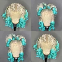 2021 Fashion 360 Frontal Short Wavy Wigs Blonde Ombre Green Color Brazilian Hair Synthetic Lace Front Wig For Women Cosplay281i