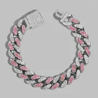 Charm Bracelets Hip Hop Pink Crystal Rhinestones Cuban Chain Bracelet Iced Out 13MM Miami Link For Women Gifts Jewelry