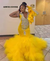 Party Dresses Yellow Velvet Long Sleeve Prom For Black Girls Ruffel One Shoulder Mermiad Wedding Gowns With Tassels Tulle Train