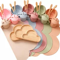 Cups Dishes Utensils 6Pcs Baby Feeding Set Wooden Clouds Dinner Plate Silicone Bowl Water Cup Kids Bamboo Wood Fork Spoon Dinnerware Gift 230328