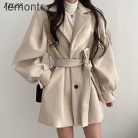Women's Wool & Blends Single Breasted Coat Elegant Retro Thin With Camp Sleeves Plain Jacket Belt