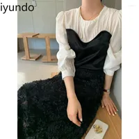 Work Dresses Iyundo Sweet Skirt Set O-neck Pleated Chic Shirts Tops Lace A-line Long Skirts Vintage Korean Style Two Piece Sets Female