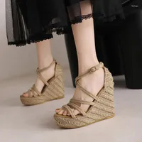 Sandals Wedge For Women Cross Strap Fashion Platform Shoes 2023 Summer Narrow Band High Heeled Straw Espadrille