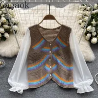 Women's Knits Gagaok Cardigan Women 2023 Spring Autumn Patchwork Hollow Out Full Short Sweaters Slim Vintage French Chic Wild Vestidos
