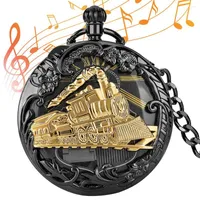 Pocket Watches Hollow Hand Crank Musical Quartz Watch Playing Music Fob Chain Clock Locomotive Collectibles Gifts For Men Ladies