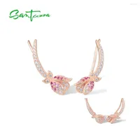 Backs Earrings SANTUZZA Pure 925 Sterling Silver For Women Created Ruby Pink Sapphire White CZ Flower Cuff No Pierce Cute Fine Jewelry