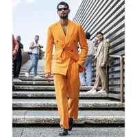 Men's Suits Orange Men Regular Fit 2 Piece Double Breasted Blazer Sets Loose Big Size Fashion Daily Casual Coat Pants Male Clothing
