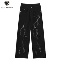 Mens Jeans Streetwear Oversized Lightning Graphic Denim Pants Summer High Street Solid Color Trousers Casual Daily Style 230327