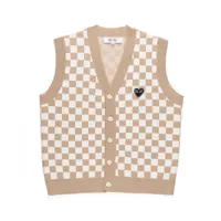Designer Men's Sweaters Play Com des Garcons CDG V Neck Cardigan Black Heart Khaki White Checked Vest Wool Size XL