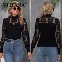 Women's Blouses VITIANA Women Sexy Black Shirts Spring Summer 2023 Female Long Sleeve Lace Club Tops Femme See Thought Pullover Clothes