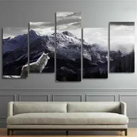 Cool HD Prints Canvas Wall Art Living Room Home Decor Pictures 5 Pieces Snow Mountain Plateau Wolf Paintings Animal Posters Framew2833