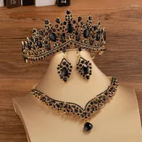 Necklace Earrings Set KMVEXO Fashion Black Color Crystal Bridal Tiaras Crown Choker Women Wedding Dress Jewelry