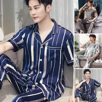 Men's Sleepwear 2 Pcs Set Chic Men Summer Nighty Set Breathable Pajamas Striped Night Clothes Sleeping