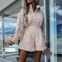 Women's Tracksuits Elegant Embroidered Buttons Slim Party Suit Fashion Stand Collar Blouse High Waist Short Outfits Summer Lace Long Sleeve
