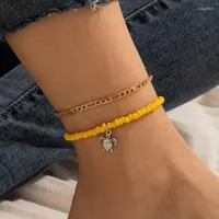 Anklets Metal Style Bracelet Ornament Buckle Fashion Yellow Bead Tortoise Pendant Two Piece Ankle Set