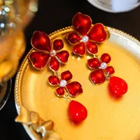 Dangle Earrings Arrival Vintage Women Charm Flower With Pearl Long Tassel Female Korean Jewelry Red