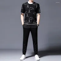 Men's Tracksuits Minglu Printed Men's Sets (T-shirts Pants) Luxury Short Sleeve Sport Casual Male Suits Summer Elastic Waist Pants Man