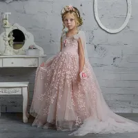 3D Appliqued Flower Girl Dresses Backless Pageant Gowns For Wedding And Birthday Tulle Sweep Train Kid Pageant Dress