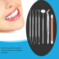7pcs set Dental Hygiene Kit Tooth Scraper Probe Tweezers Tools Dental Pick Set Stainless Steel Mouth Mirror Dentist Home Use Tool2250