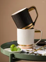 Mugs Simple Gold-painted Mug With Lid Spoon Nordic Black And White Ceramic Breakfast Cup Large Capacity Coffee 400ml