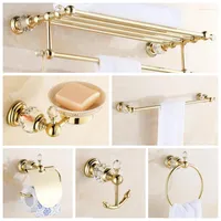 Bath Accessory Set Copper Bathroom Hardware Sets Modern Golden Finish Crystal Toilet Paper Holder Cup Holder Towel Bar Robe Hook Soap