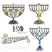 H&D Hand Painted Enamel Floral Hanukkah Menorah Candlestick 9 Branch Candelabra Embellished with Crystals Star of David Hamsa272w