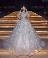 Luxury Ball Gown Wedding Dresses V Neck Middle Sleeves Sequins Appliques Diamonds Beaded Floor Length 3D Lace Ruffles Zipper Bridal Gowns Plus Size Vestido de novia