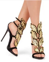 Top marca verano nuevo diseño mujer moda barato oro plata rojo hoja tacón alto Peep Toe vestido sandalias zapatos bombas Women4365496