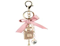 Fashion Imitation Pearl Perfume Bottle Keychain Car Key Ring Women Bag Charm Accessories Cute Bow Key Chain Creative Keyrings G1013101110