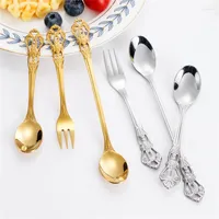 Dinnerware Sets Stainless Steel Dessert Spoon Long Handle Mixing Gift Three-tooth Fork European-style Carved Tableware Small