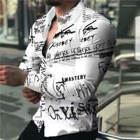Men's Dress Shirts Spaper Text Art Fashion Luxury Party Evening Shirt Lapel Button Down Casual Print Long Sleeve Top Men Sweater