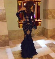 2019 High Neck Black Evening Dresses Mermaid Applique Beaded Crystal Zipper Back Long Sleeves Sexy Net Party Gowns Evening Prom Dr7403368