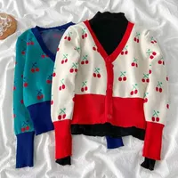 Women's Knits V Neck Cherry Jacquard Knitted Sweater Women Loose Short Jumper Korean Cardigan Jacket Outerwear 2023 Autumn