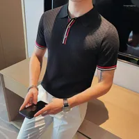Men's Polos High Quality Knitted Hollow Polo Shirt Men Summer Short Sleeve Slim Plaid T-shirts Gentleman Lapel Casual Business Tee Tops 2023