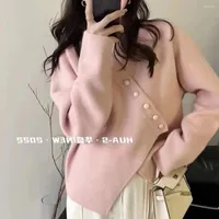 Women's Knits Korean Loose Knitted Women's Cardigan Sweater Elegant White Pink Coat For Female Jumper Spring And Autumn Work XC056