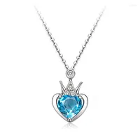 Pendant Necklaces Delicate And Elegant Crown Peach Blossom Heart Shaped Simulated Sea Blue Topaz Clavicle Chain Necklace