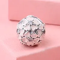 925 Sterling Silver Cherry Blossom Clip Soft Pink Enamel & Clear CZ Bead Fits European Jewelry Pandora Style Charm Bracelets