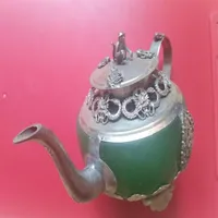 Oriental Handwork Green Jade Cloisonne Armoured Tibetan Silver Monkey Teapot260n