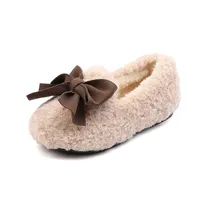 Athletic Outdoor Girls Winter Shoes Cotton-padded Warm Cotton Fur Fluffy Children Flats Kids Loafers Slip-on Princess Sweet Anti-slippery Bowtie W0329