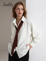 Women's Blouses Shirts Zadily Spring Minimalist Long Sleeve Button Up Shirt Women Korean Style Solid Tie Oversize Shirts Blouse Loose Clothes Tops 230329
