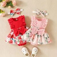 Rompers Infant Baby Girls Patchwork Jumpsuit Flower Print Lace Sleeveless Round Neck Front Bowknot Romper Headband