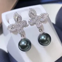 Dangle Earrings D518 Pearl Fine Jewelry 925 Sterling Silver Round 8-9mm Fresh Water Peacock Green Black Pearls Drop