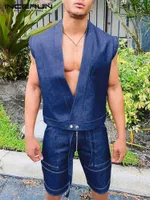 Men's Tracksuits 2023 Fashion Men Sets Solid Color V Neck Sleeveless Vests Shorts With Belt 2PCS Streetwear Faux Denim Casual Men Suits W0329