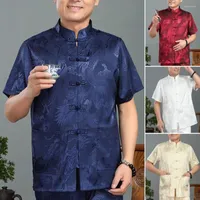 Men's Casual Shirts Traditional Men Shirt Top Dragon Pattern Knot Buckle Short Sleeve Stand Collar Clothes Silk Tang Suit Blouse