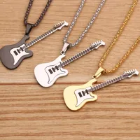 Pendant Necklaces 60cm Chain Stainless Steel Gold Black Silver Color Guitar Necklace Jewelry Gift For Men Hip Hop Rock Music Enthusiast