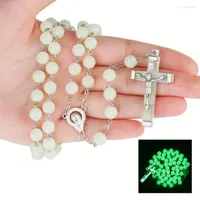 Pendant Necklaces 8MM Glow In The Dark Rosary Bead Chain For Women INRI Crucifix Cross Luminous Necklace Religious Jewelry